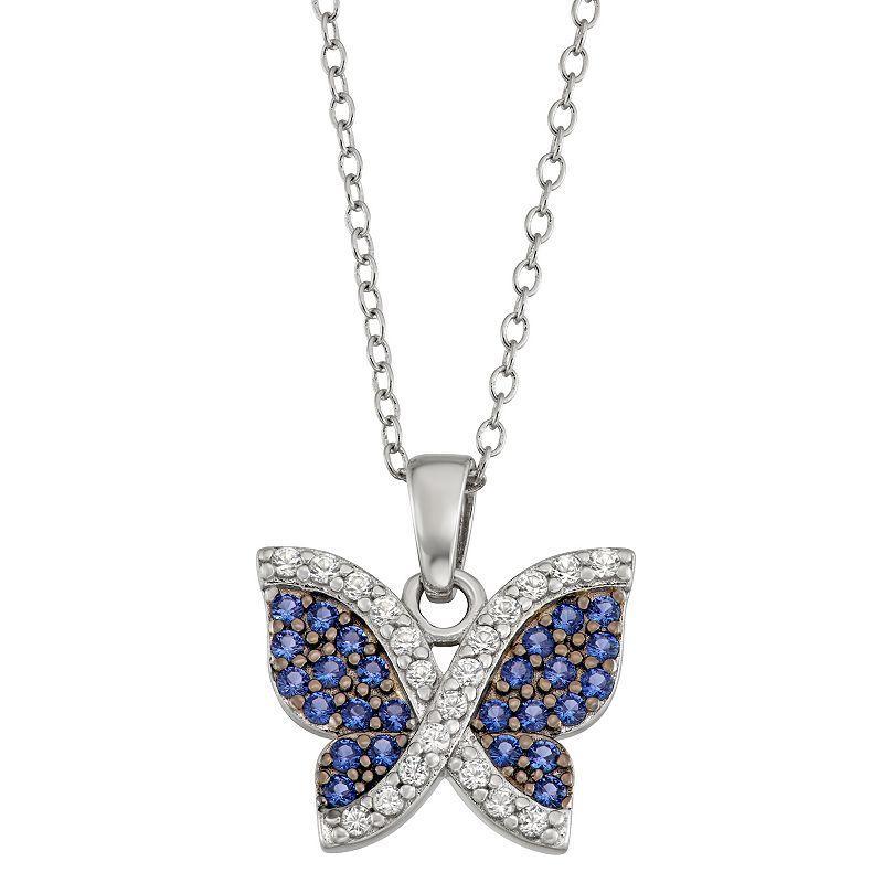 Sterling Silver Lab-Created Blue & White Sapphire Butterfly Pendant Necklace, Womens Product Image