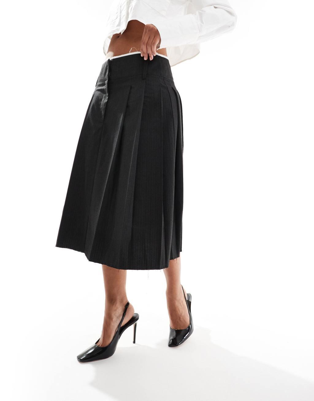 ASOS DESIGN raw edge pleated tailored midi skirt in charcoal stripe Product Image