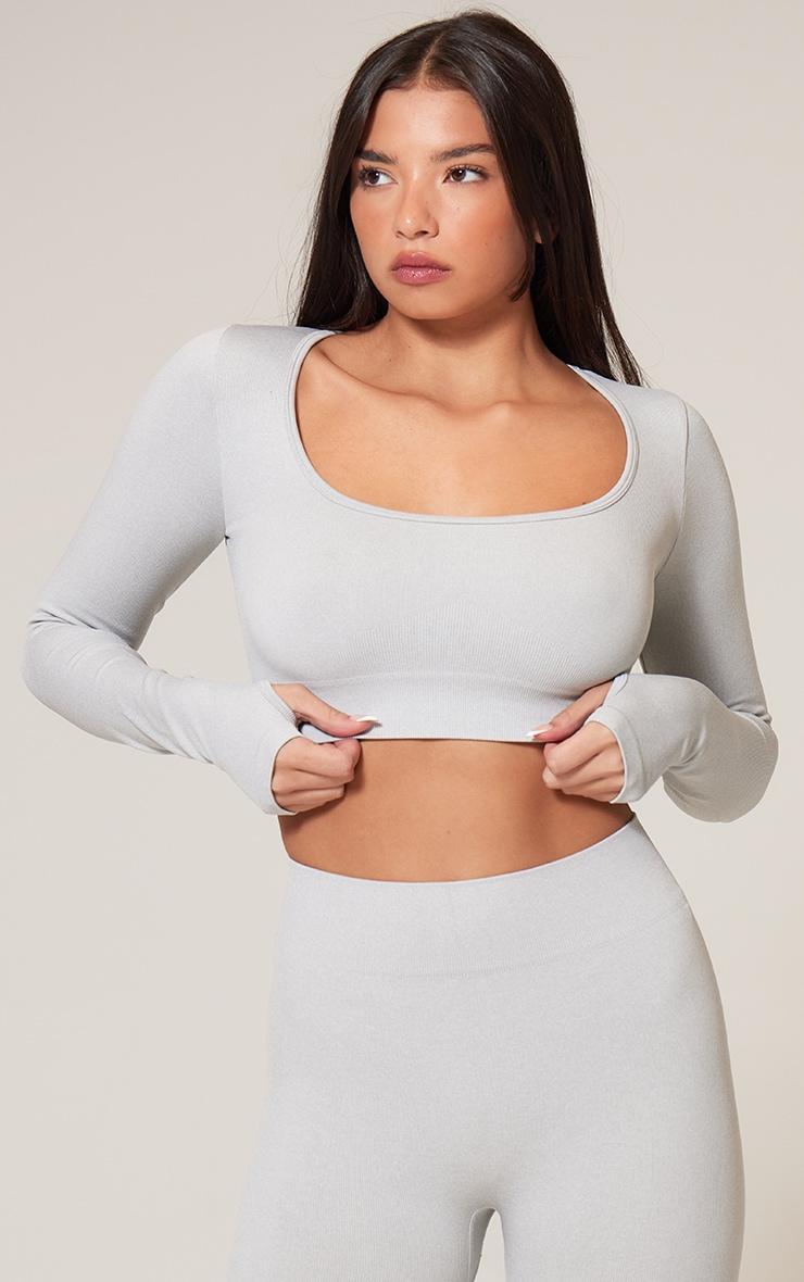 Grey Marl Seamless Basic Square Neck Long Sleeve Gym Top Product Image