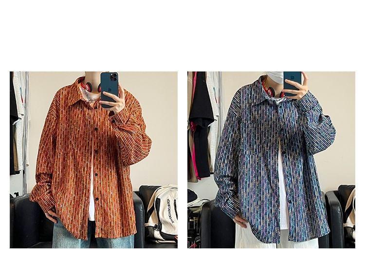 Long Sleeve Collared Patterned Print Shirt Product Image