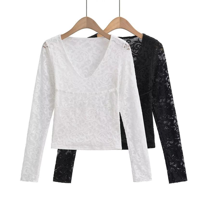 Long-Sleeve V-Neck Lace Top Product Image