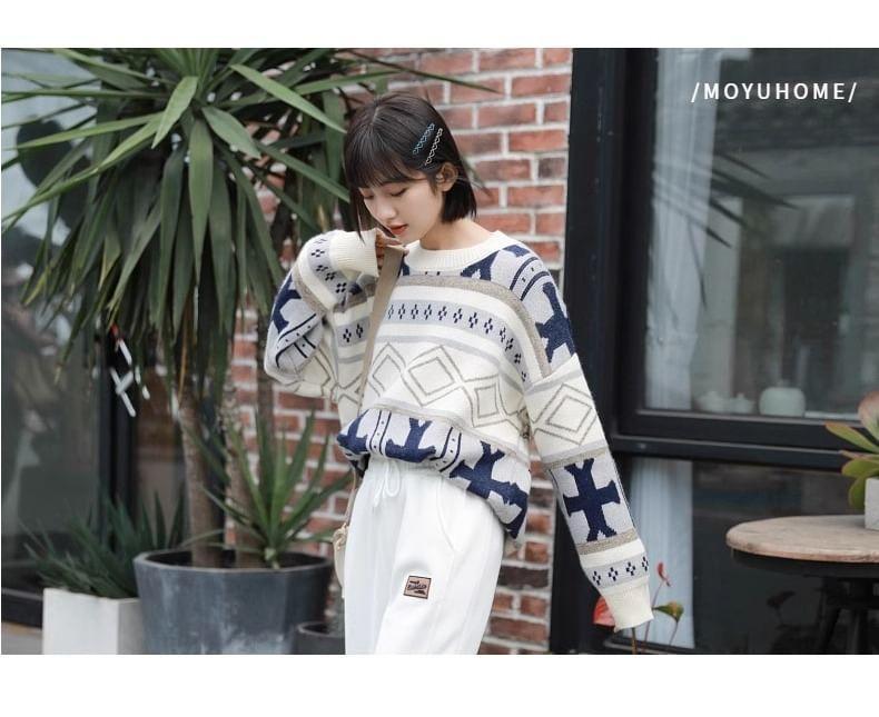 Crew Neck Patterned Oversized Sweater Product Image