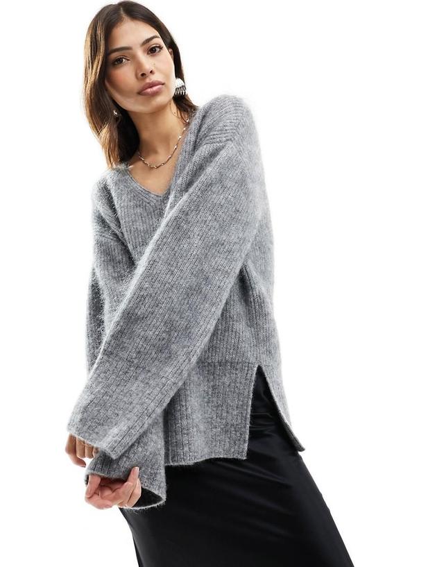 & Other Stories premium knit wool blend relaxed sweater with v neck in gray melange Product Image