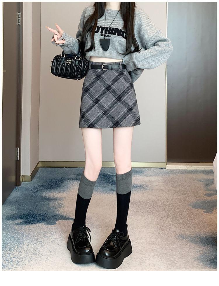 High Rise Plaid Mini A-Line Skirt Product Image