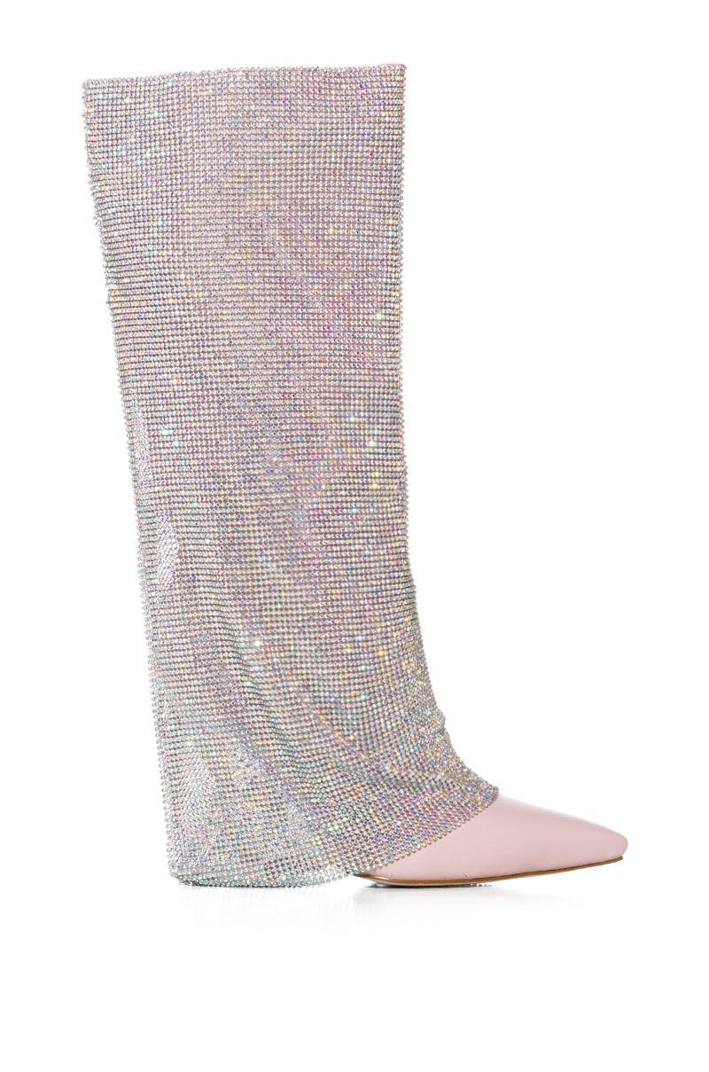 AZALEA WANG RHYANN RHINESTONE CHAINMAIL DRAPE BOOT IN PINK Product Image