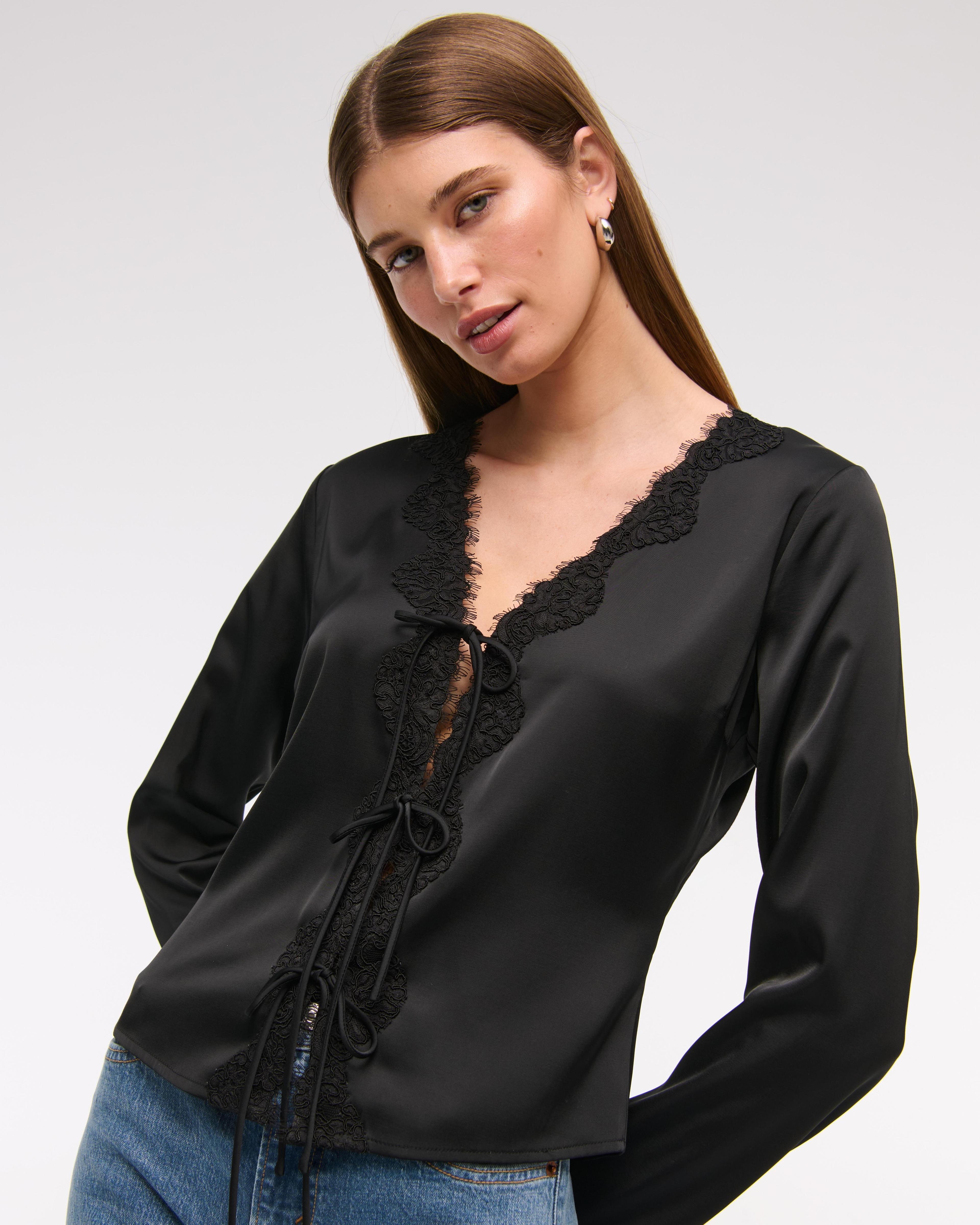 Long-Sleeve Lace-Trim Tie-Front Top Product Image