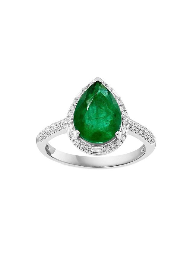 Womens 14K White Gold, Emerald & 0.28 TCW Diamond Halo Ring Product Image