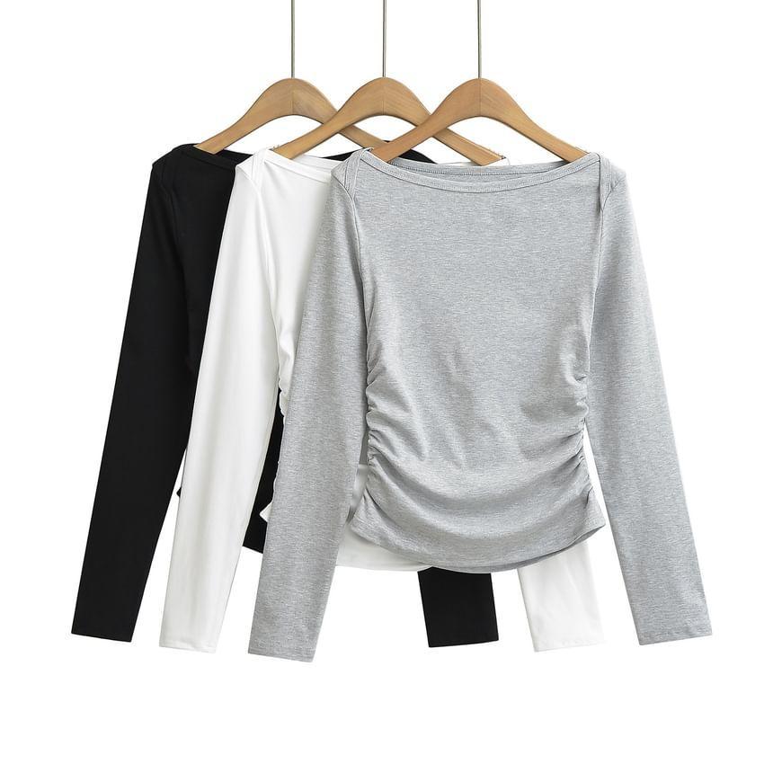 Long-Sleeve Boat Neck Ruched Slim Fit Tee Product Image