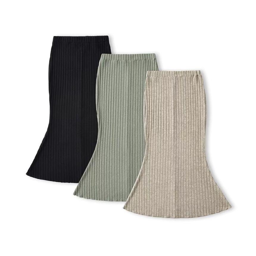 High Waist Plain Ribbed-Knit Midi Pencil Skirt Product Image