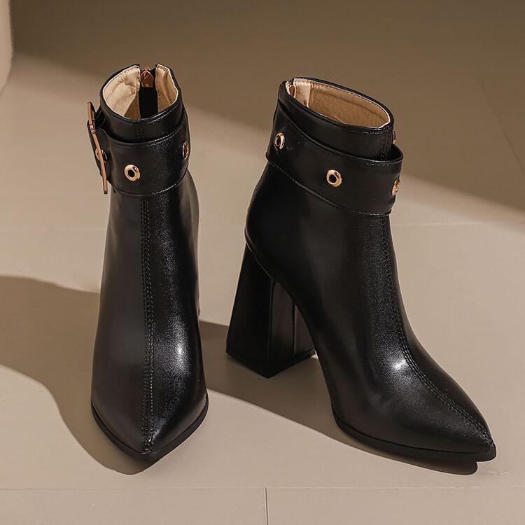 Block Heel Pointed buckled Short Boots Product Image