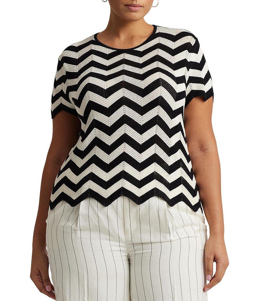 Lauren Ralph Lauren Plus Size Textured Chevron Crew Neck Short Sleeve Scalloped Hem Sweater product image