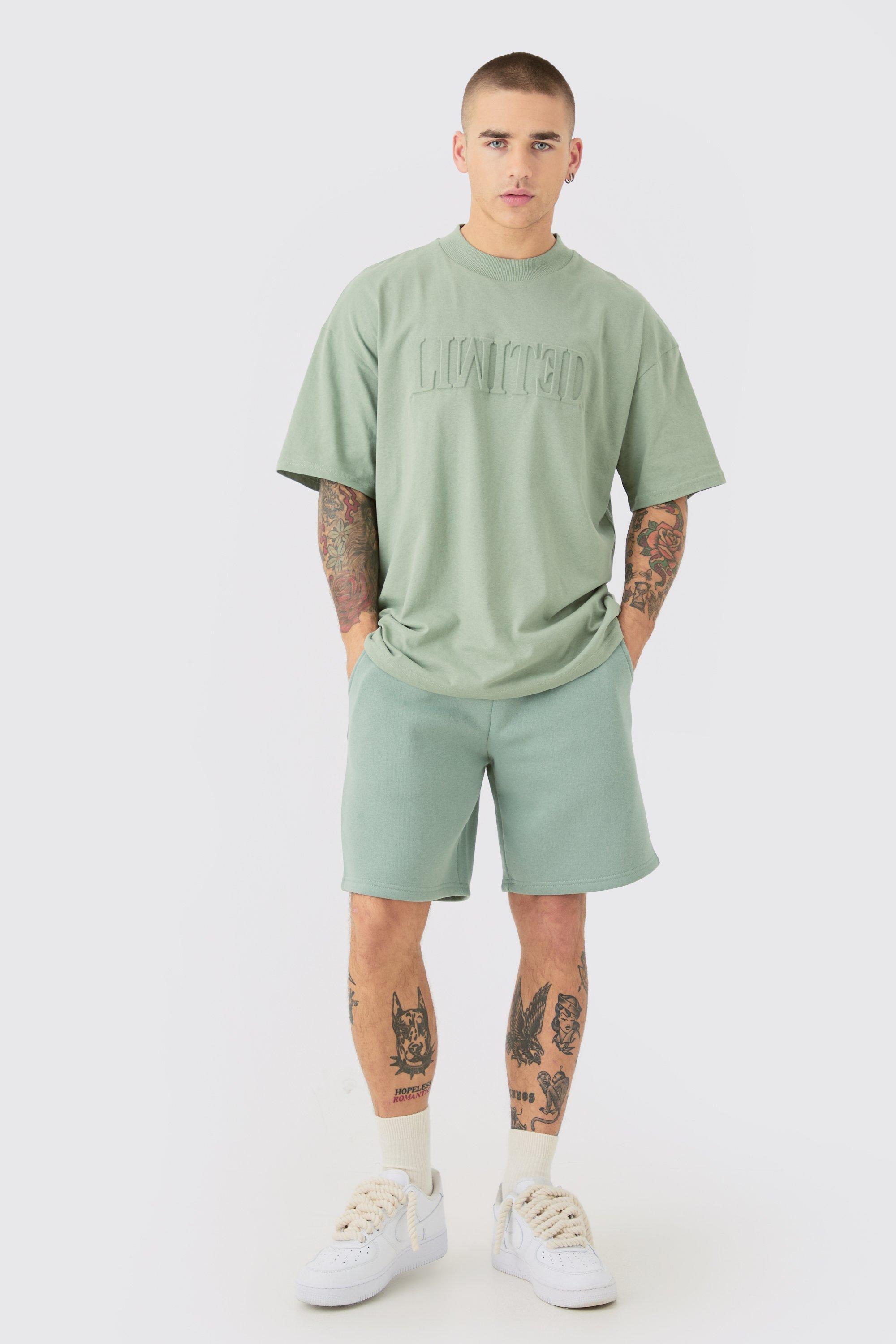 Oversized Extended Neck Limited Embossed T-shirt And Relaxed Short Set | boohooMAN USA Product Image