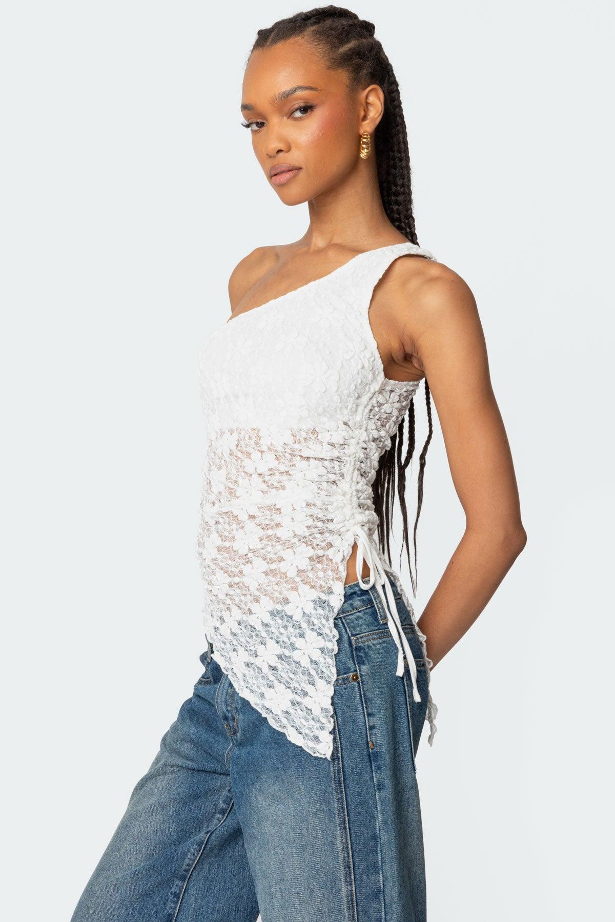 Lacey Sheer Asymmetric Drawstring Top Product Image