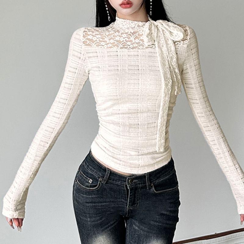 Long Sleeve Bow Accent Lace Panel Slim-Fit Top Product Image