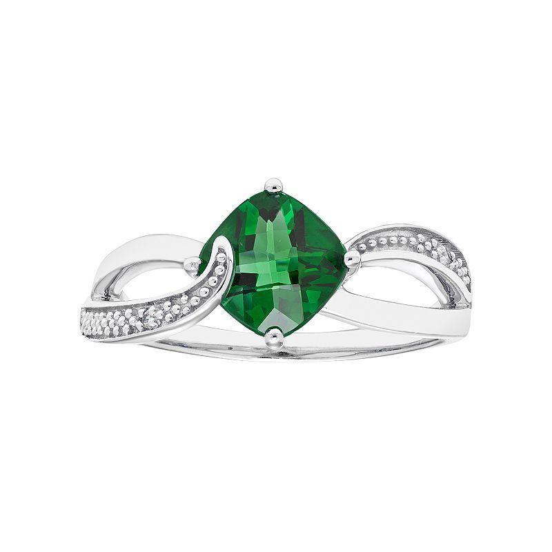 Sterling Silver Lab Created Emerald & Diamond Accent Cushion Bypass Ring, Womens Green Product Image