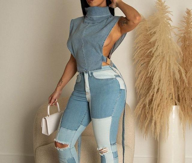 Turtleneck Buckled Washed Denim Crop Vest Product Image