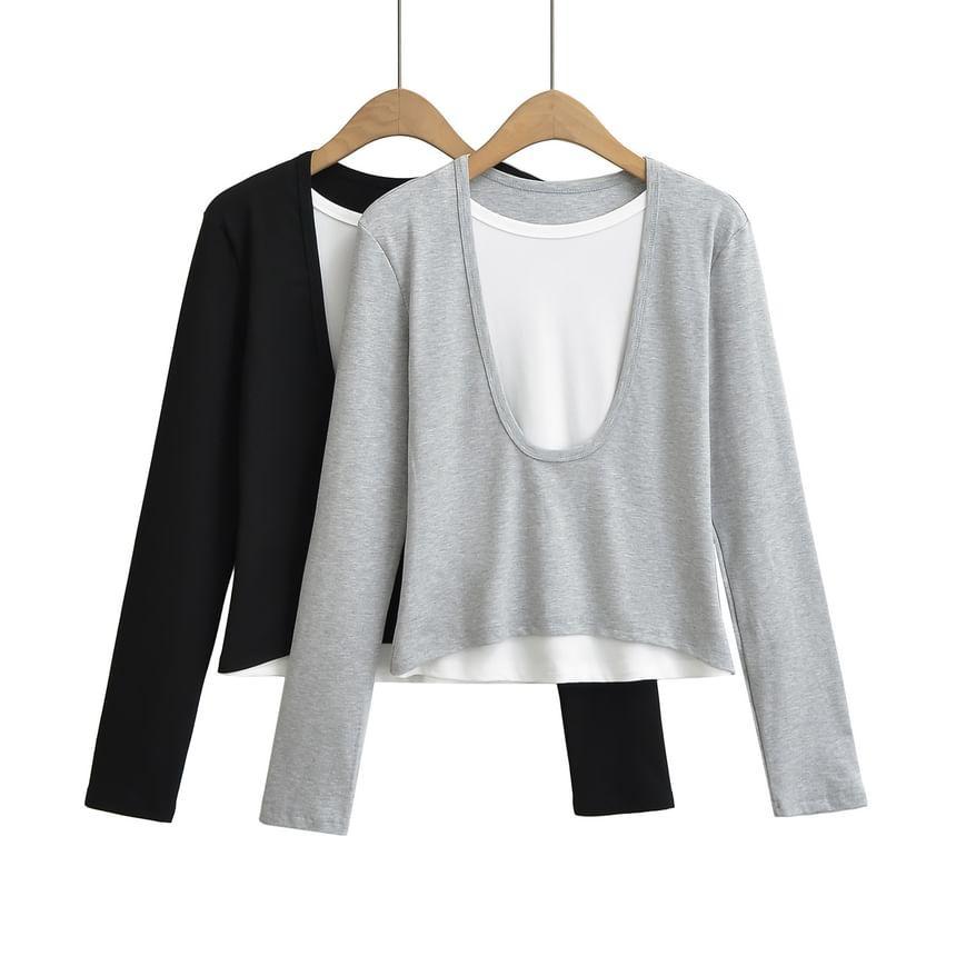 Long Sleeve Round Neck Two Tone Crop Tee Product Image