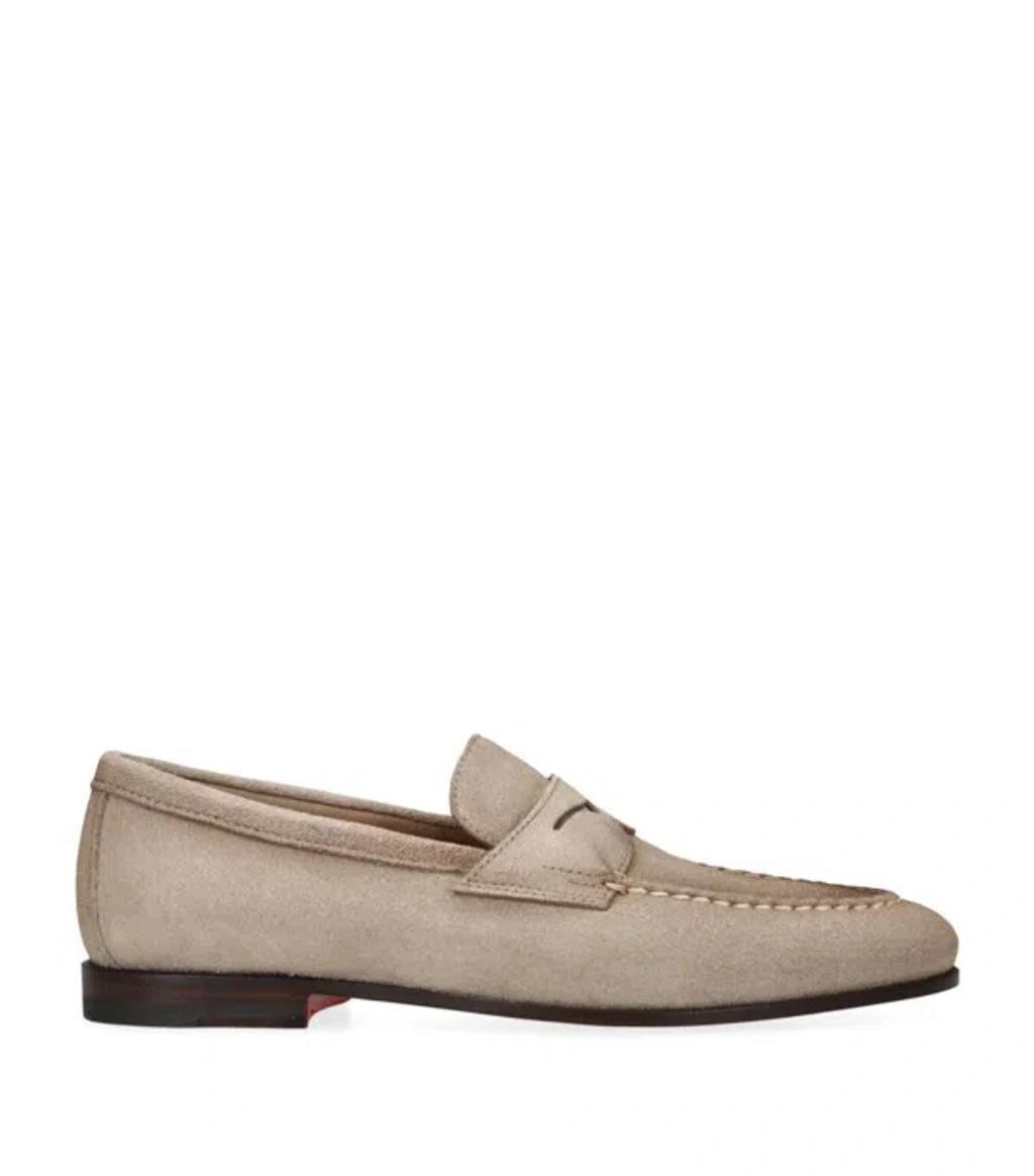 SANTONI Suede Carlos Penny Loafers In Taupe Product Image