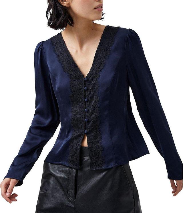 French Connection Ennis Satin V Neck Long Sleeve Lace Button Front Blouse Product Image