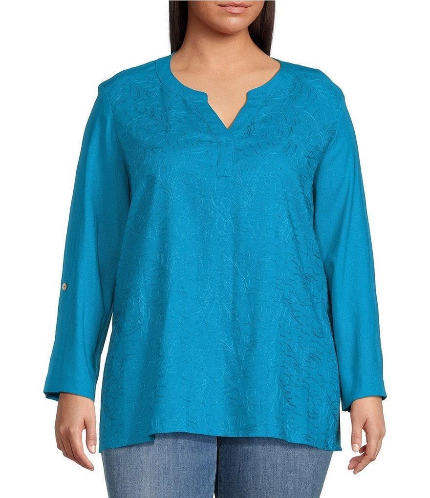 Ali Miles Plus Size Woven Y-Neck Long Roll-Tab Sleeve High-Low Hem Tunic Product Image