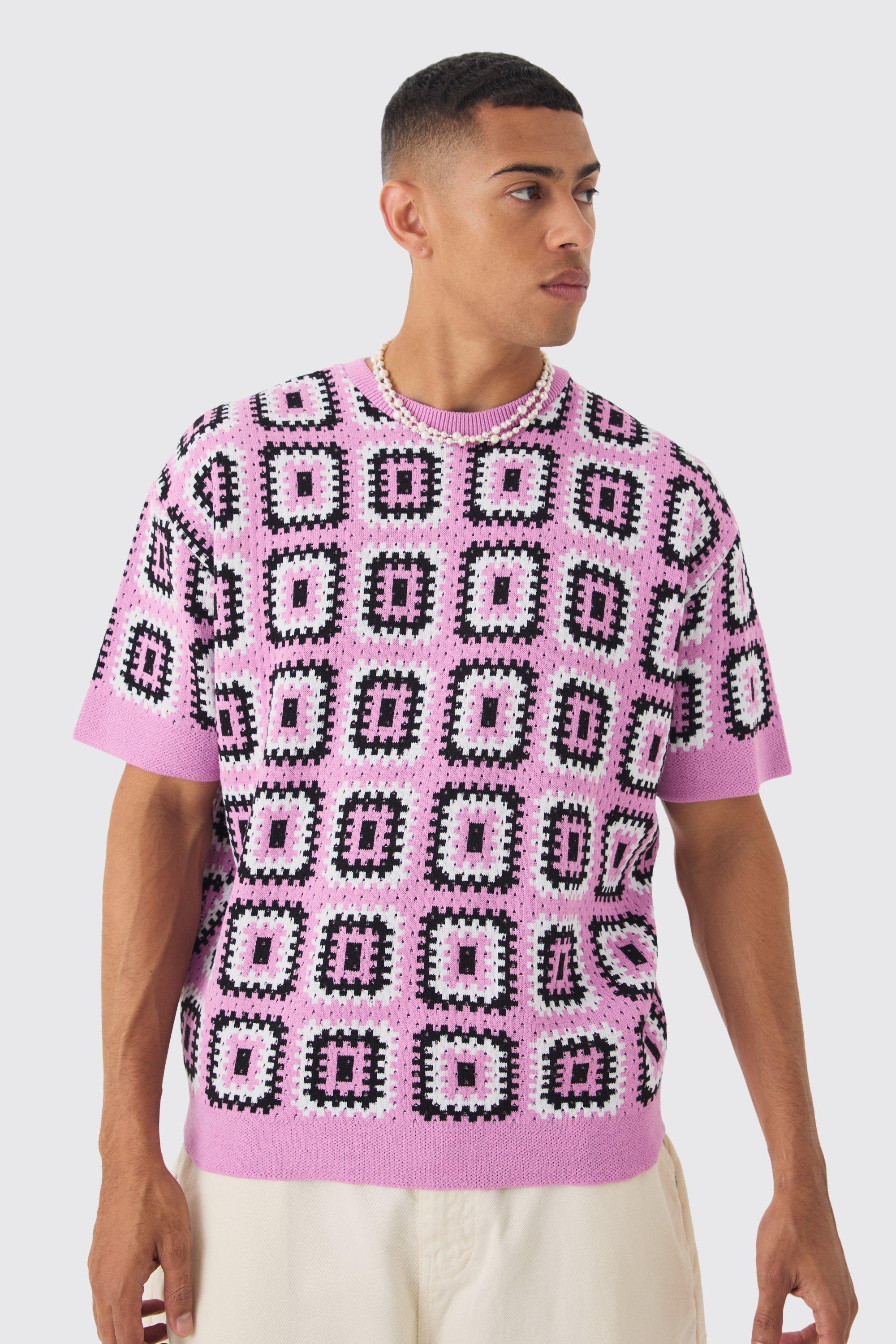 Mens Pink Oversized Crochet Knit T-shirt, Pink Product Image