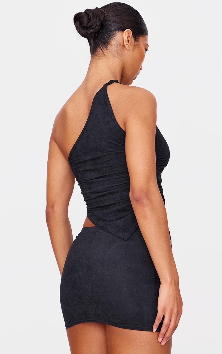 Black Faux Suede Twist Detail One Shoulder Top Product Image