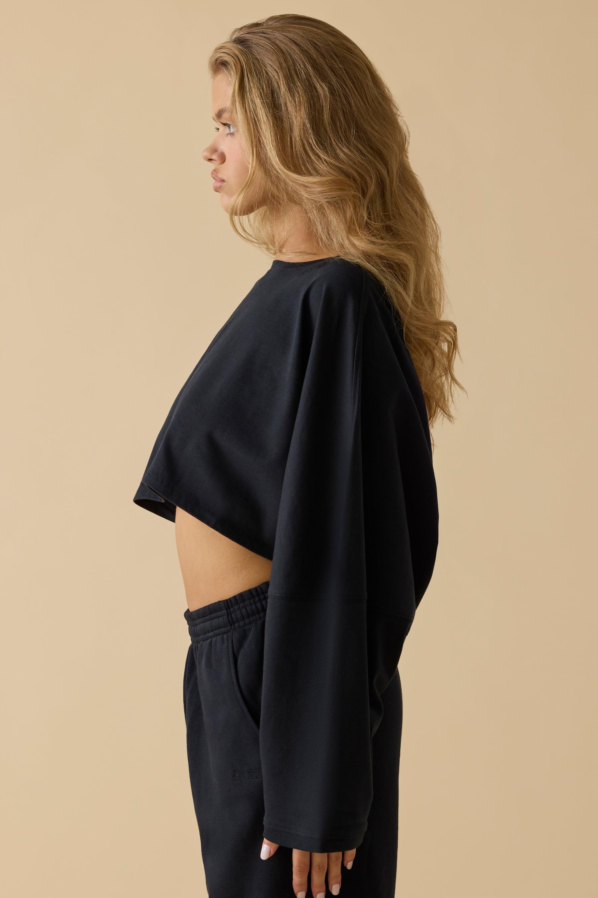 Oversized Long Sleeve Crop Top in Black Product Image