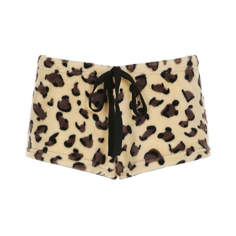 Low Waist Leopard Print Fleece Mini Shorts Product Image