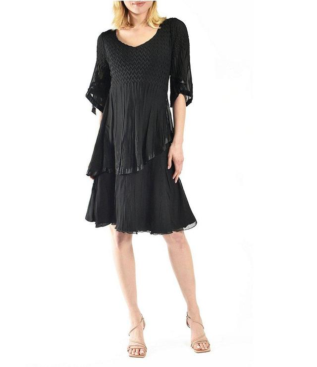 Komarov Chiffon Charmeuse Accordion Pleated V-Neck Elbow Sleeve Asymmetrical Tiered Dress Product Image