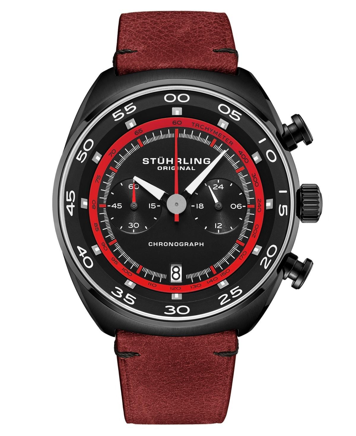 Mens Chrono Red Genuine Leather Strap Watch with Tachymeter 44mm Product Image