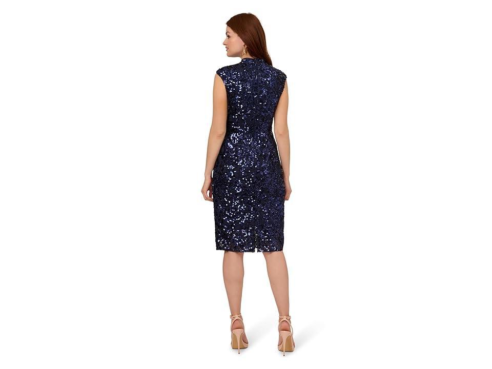 Adrianna Papell Stretch Sequin Lace Mock Neck Cocktail Dress (Navy) Women's Dress Product Image