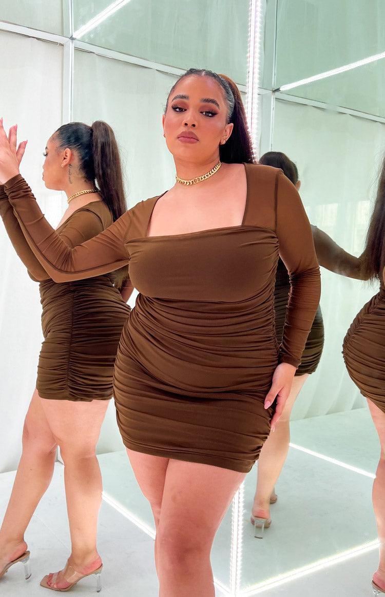 Estee Long Sleeve Mesh Party Dress Brown Product Image