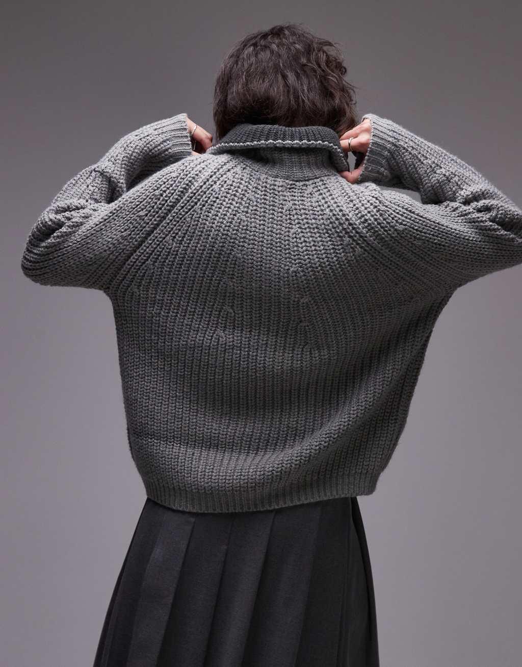 Topshop knitted quarter zip collar sweater in gray Product Image