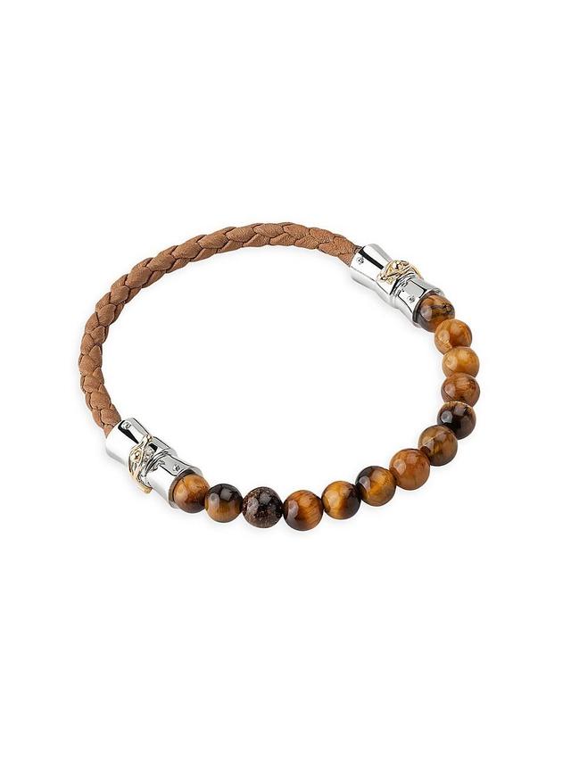 Mens pico Large Tigers Eye, Braided Leather, & Sterling Silver Bracelet Product Image