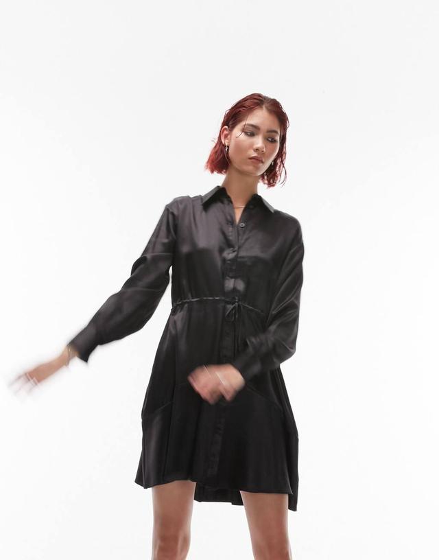 Topshop Tall satin tie mini shirt dress in black  Product Image