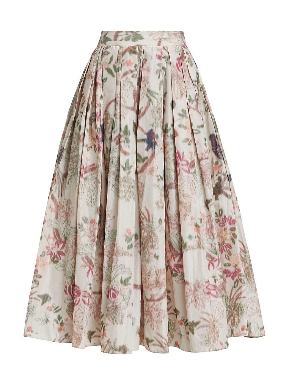 Womens Pleated Floral Tafetta Midi Skirt product image