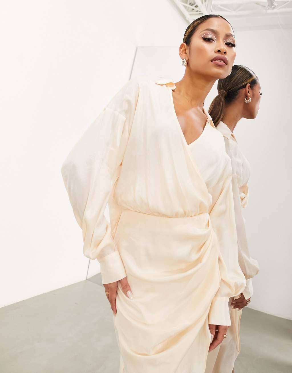 ASOS EDITION drape detail midi shirt dress in seashell Product Image