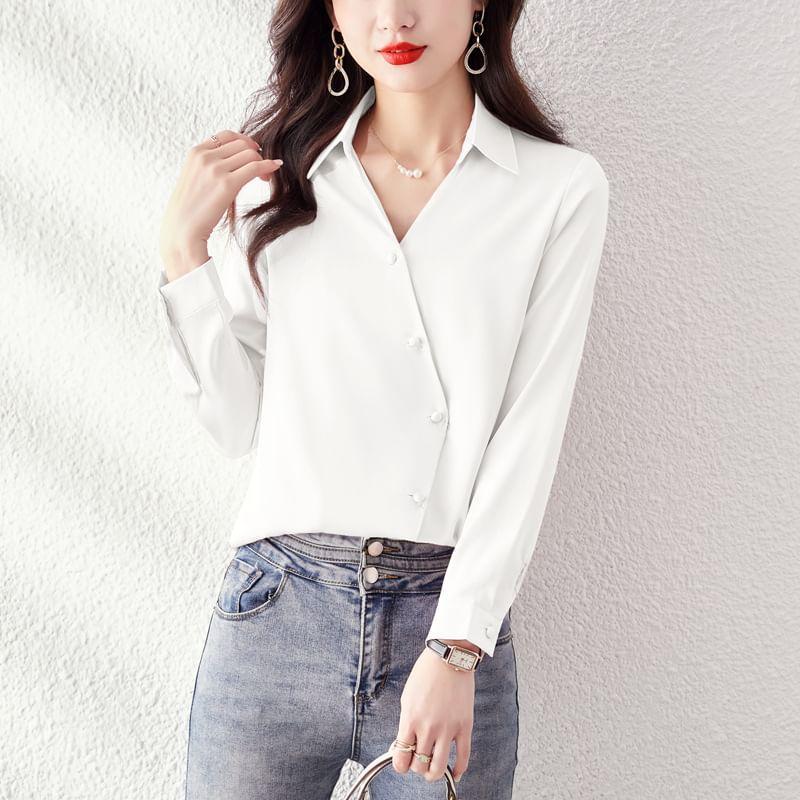 Long Sleeve Collared Plain Asymmetrical Button Shirt Product Image