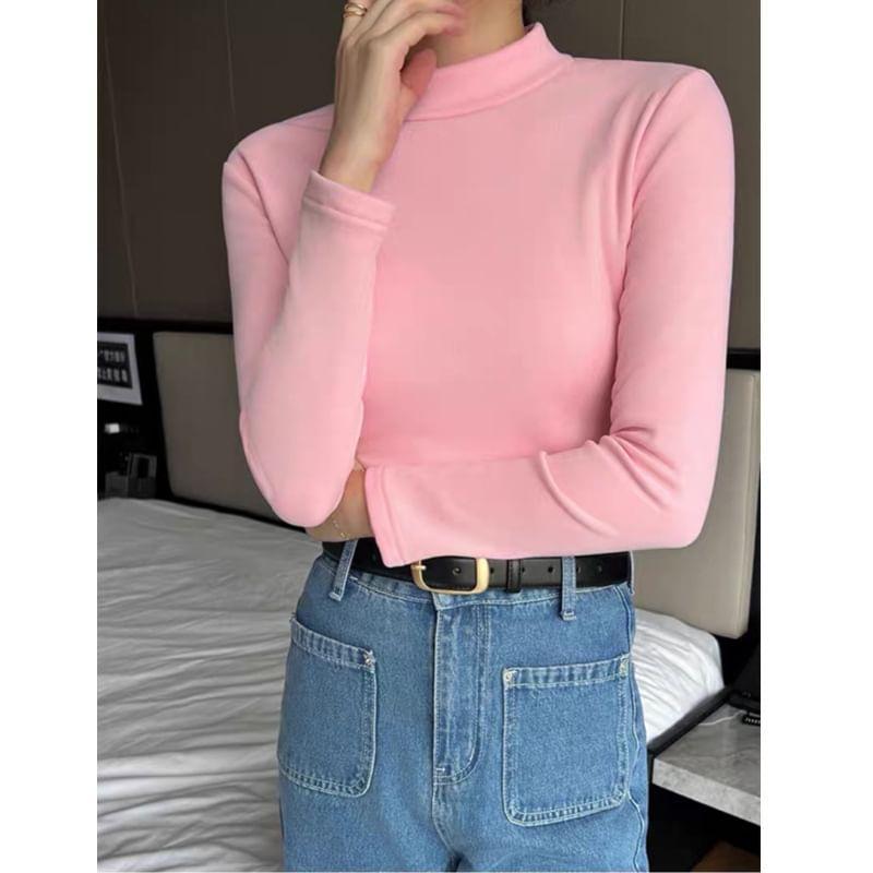 Long-Sleeve Mock Neck Plain T-Shirt Product Image