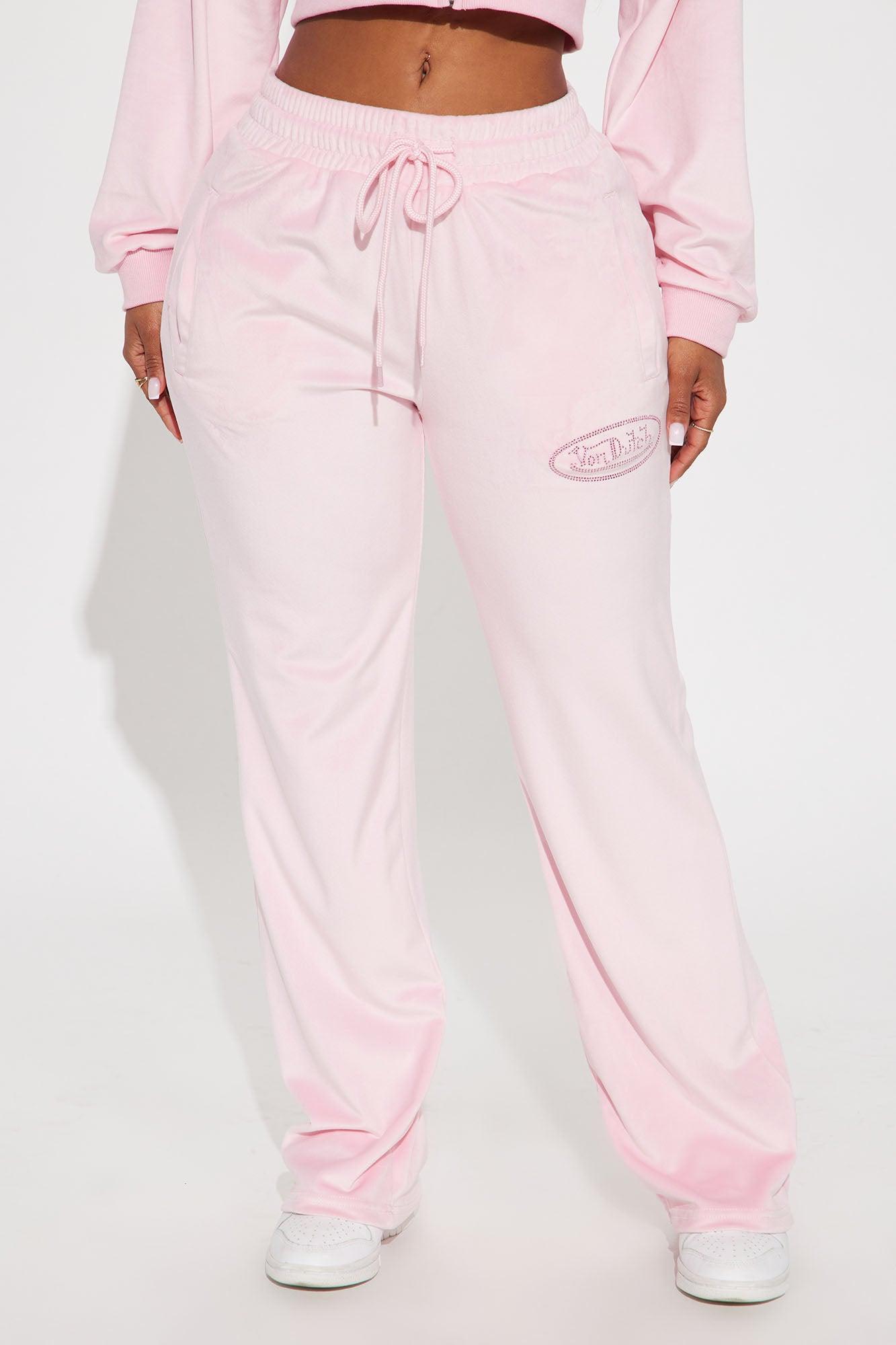 Von Dutch Velour Rhinestone Wide Leg Pant - Pink Product Image