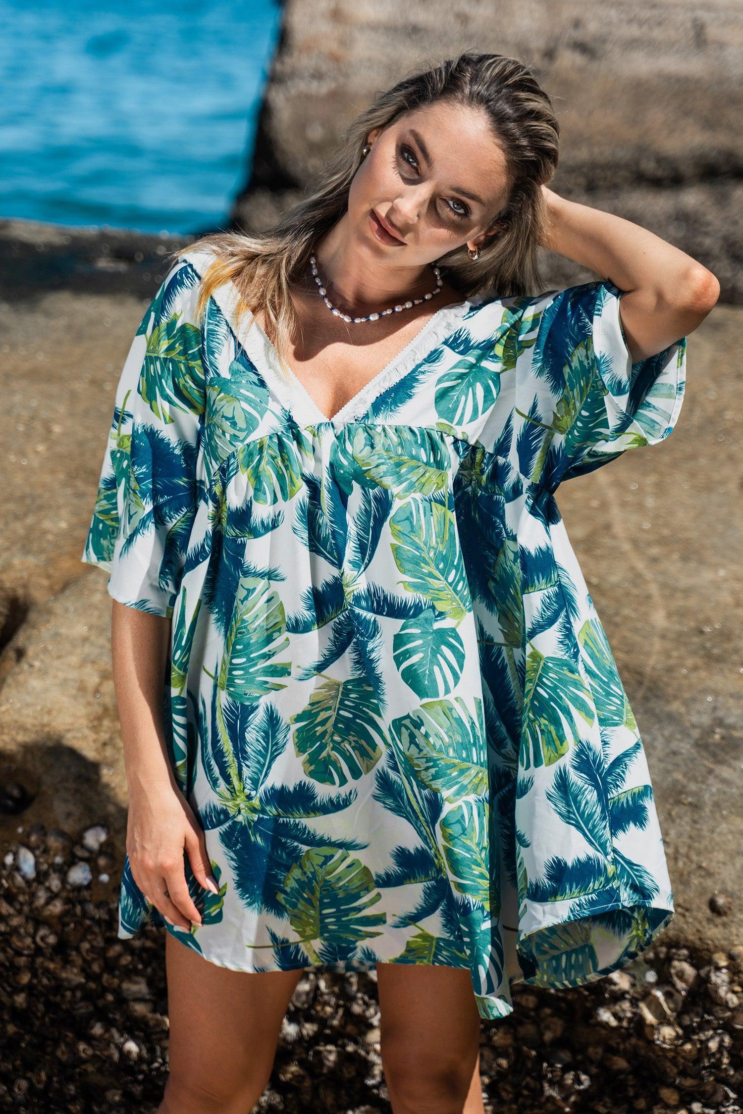 Tropical Leaf Print V-neck Cover-Up Dress Product Image