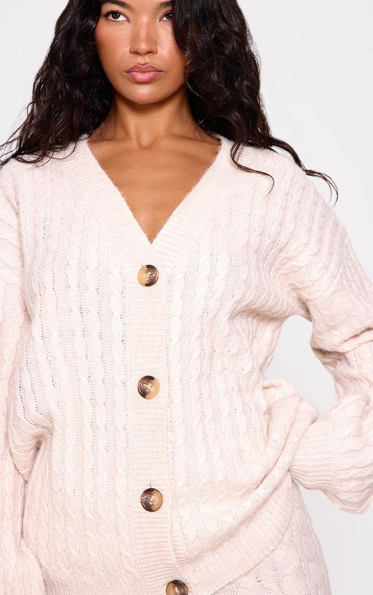 Oatmeal Soft Cable Knit Button Up Oversized Cardigan Product Image