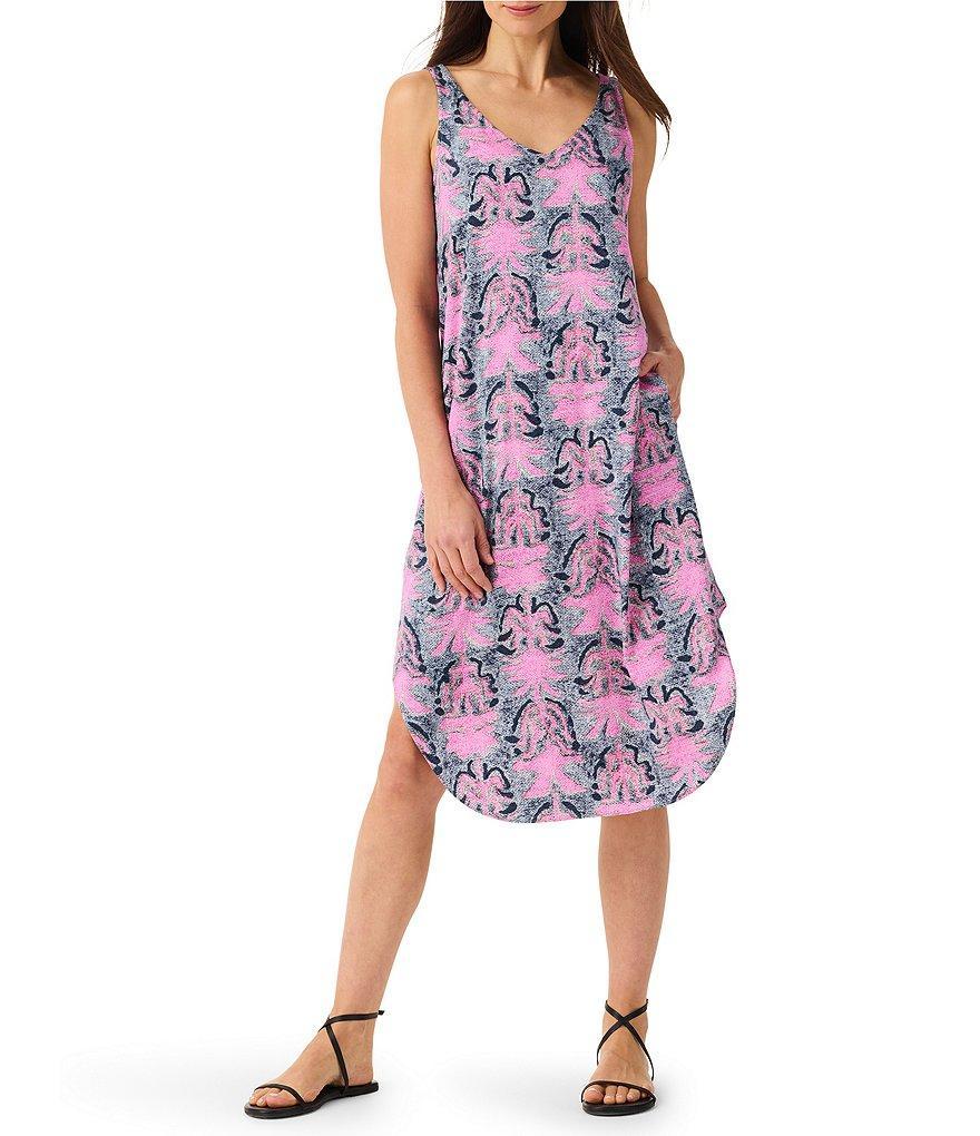 NIC + ZOE Woven Petal Patch Live In Print V-Neck Side Pocket Sleeveless Tank Shift Midi Dress Product Image