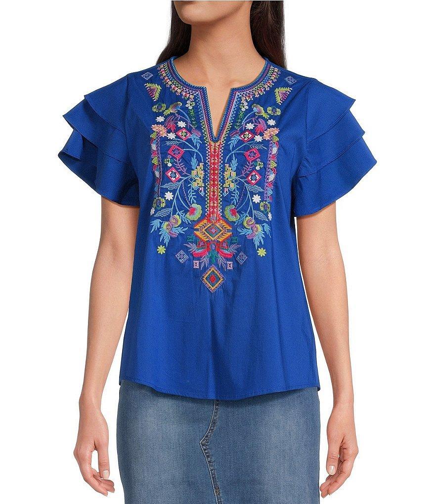 Calessa Split V-Neck Short Sleeve Embroidered Top Product Image