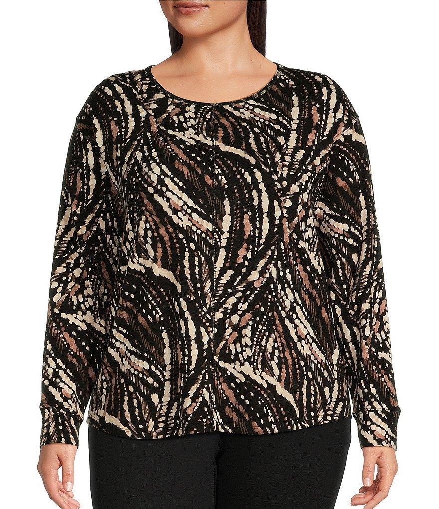 Westbound Plus Size Printed Round Neck Long Sleeve Knit Tee Shirt Product Image