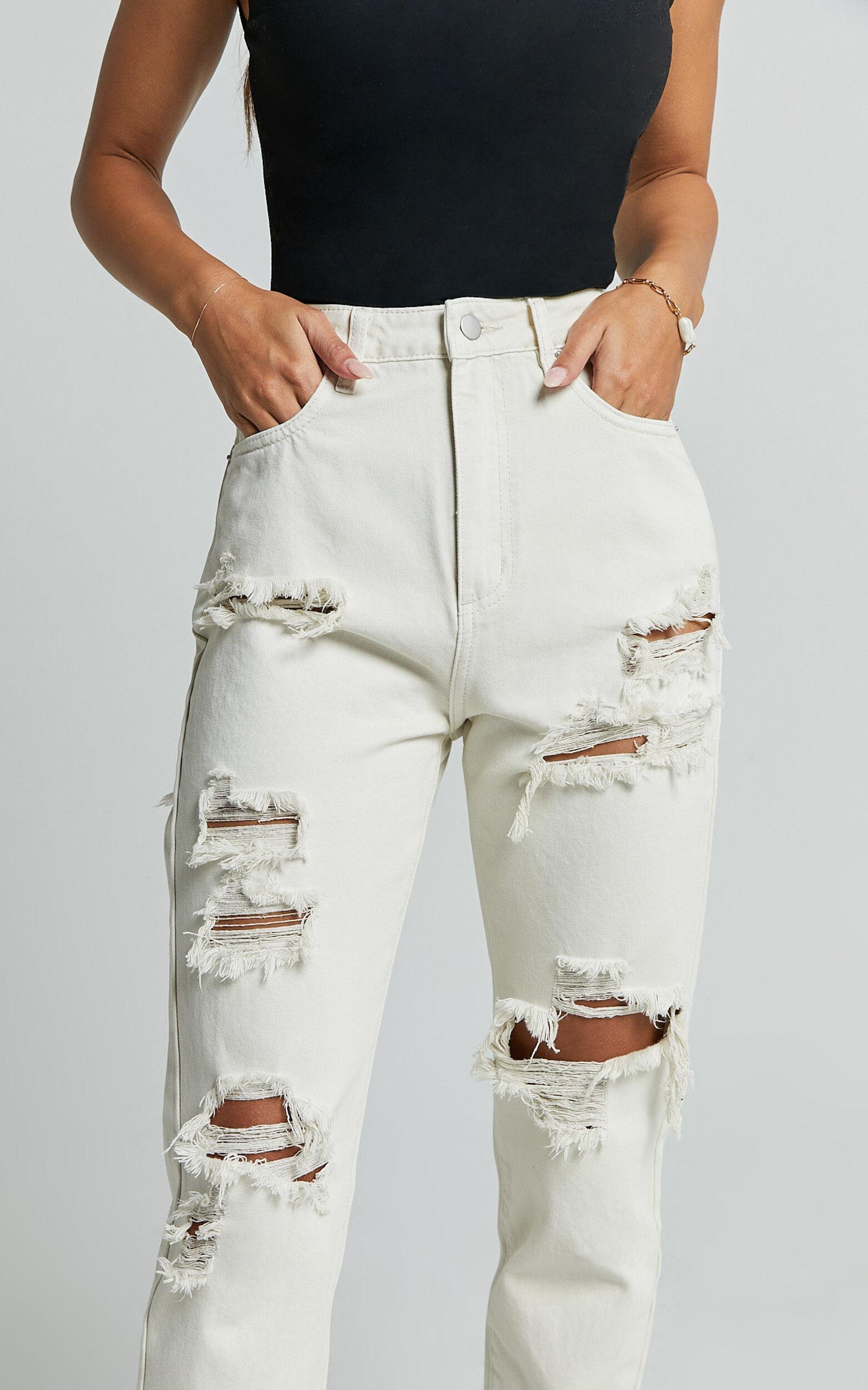 Billie Jeans - High Waisted Cotton Distressed Mom Denim Jeans in Ecru Product Image