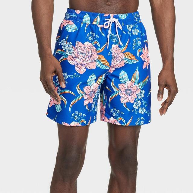 Mens 7 Floral Print Swim Trunks - Goodfellow & Co Blue XXL Product Image