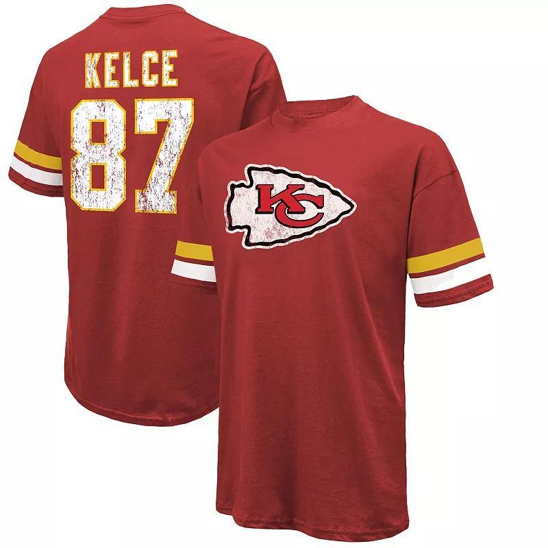 Mens Majestic Threads Travis Kelce Red Distressed Kansas City Chiefs Name and Number Oversize Fit T-shirt Product Image