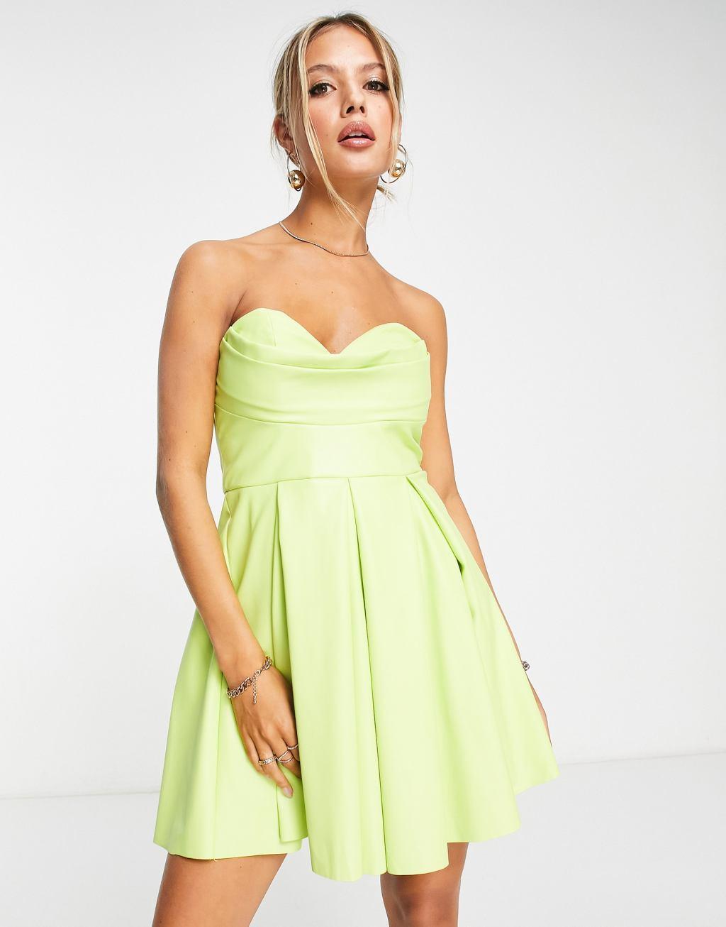 ASOS DESIGN corset PU bandeau mini dress with pleat skirt in green Product Image