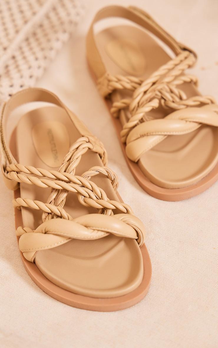 Beige Real Leather Round Toe Rope Twist Strap Flat Sandals Product Image